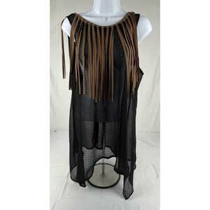 JUDITH MARCH BOHO FRINGE SHEER BLACK PONCHO TOP TASSEL BEADED FESTIVAL HIPPIE OS